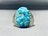 Authentic Vintage Native American Zuni Carved Turquoise Sterling Silver Ring-Nativo Arts