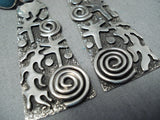 Important Native American Navajo Old Kingman Turquoise Sterling Silver Earrings-Nativo Arts