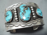 Signed Vintage Native American Navajo Godber Turquoise Sterling Silver Bracelet Old-Nativo Arts