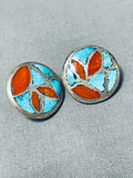 Vibrant Native American Zuni Inlay Blue Gem Turquoise Coral Sterling Silver Earrings-Nativo Arts