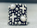 Native American Cross And Pearl Vintage Navajo Sterling Silver Raindrop Ring-Nativo Arts