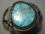 Vivid Spiderweb Turquoise Vintage Native American Navajo Sterling Silver Leaf Bracelet Old-Nativo Arts