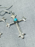 Precious Native American Navajo Sleeping Beauty Turquoise Sterling Silver Cross Earrings-Nativo Arts