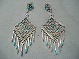 Beautiful Native American Zuni Blue Gem Turquoise Sterling Silver Dangle Earrings-Nativo Arts
