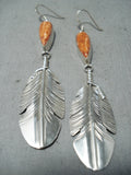 Dazzling Native American Navajo Spiny Oyster Shell Sterling Silver Feather Earrings-Nativo Arts