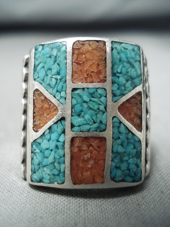 Exceptional Vintage Native American Navajo Turquoise Coral Chip Inlay Sterling Silver Ring-Nativo Arts