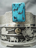 One Of Most Detailed Vintage Native American Navajo Turquoise 14k Gold Sterling Silver Bracelet-Nativo Arts
