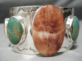 One Of The Biggest Native American Navajo Red Shell Green Turquoise Sterling Silver Bracelet-Nativo Arts
