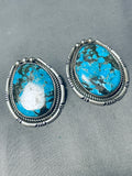 Native American Rare Signed Santo Domingo Spiderweb Turquoise Sterling Silver Earrings-Nativo Arts