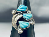 Hand Carved Leaf Turquoise Vintage Native American Navajo Sterling Silver Ring-Nativo Arts
