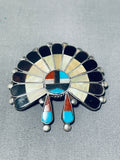 Breathtaking Vintage Native American Zuni Signed Inlay Turquoise Coral Jet Sunface Pin Pendant-Nativo Arts