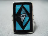 Important Vintage Native American Zuni Inlay Turquoise Jet Bluejay Sterling Silver Ring-Nativo Arts