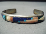 Native American Detailed Vintage Navajo Turquoise Lapis Sterling Silver Inlay Bracelet-Nativo Arts