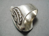 Navajo Sterling Silver Ring with Royston Turquoise – Carved Band Leaf Motif Size 10-Nativo Arts