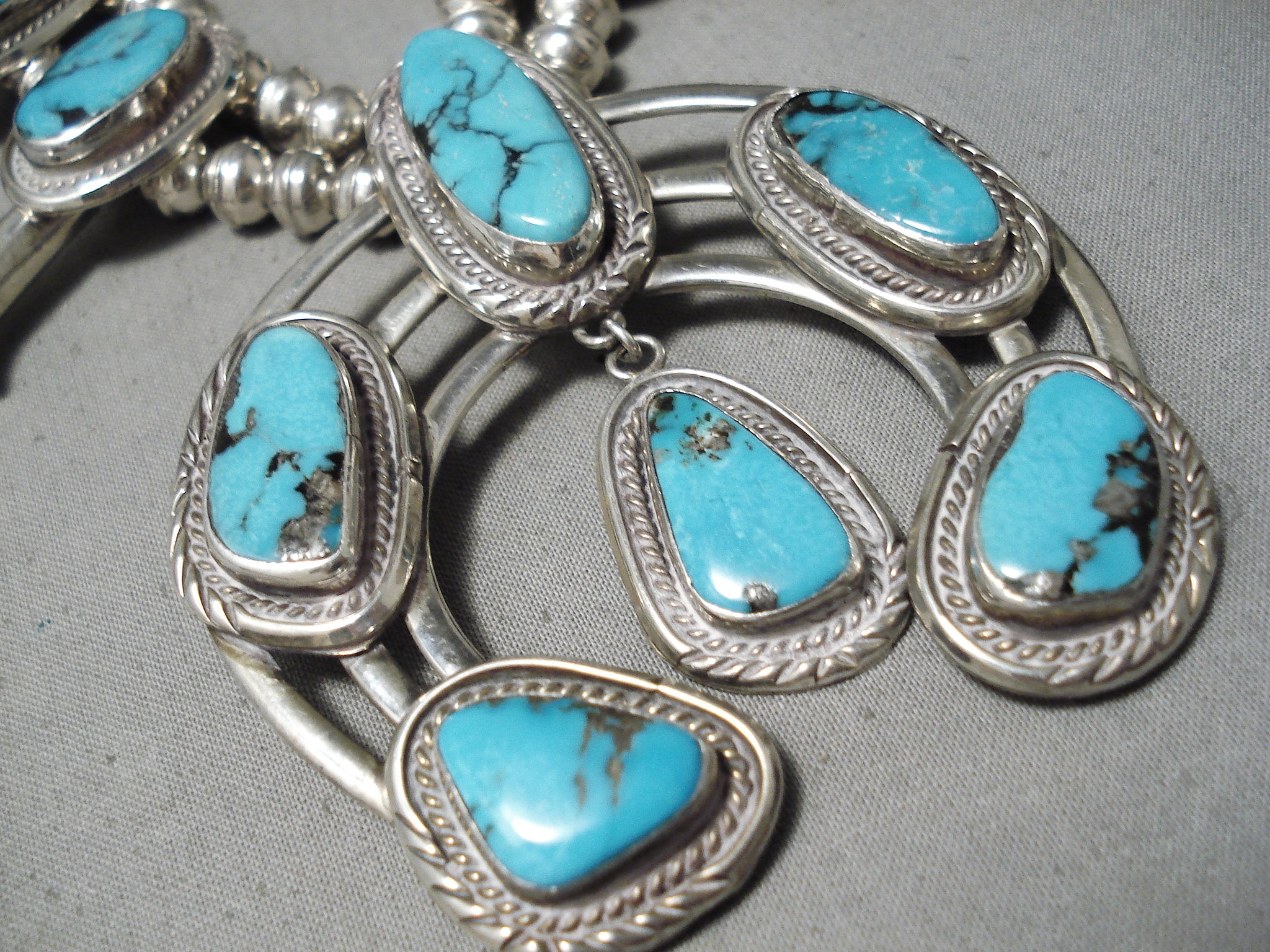 Navajo Sandcast Silver and Turquoise Squash Blossom Necklace
