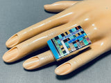 Native American One Of Most Intricate Ever Santo Domingo Turquoise Inlay Sterling Silver Ring-Nativo Arts
