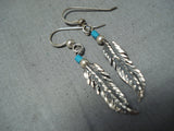 Pretty Vintage Native American Navajo Turquoise Sterling Silver Feather Earrings Old-Nativo Arts