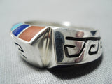 Lonn Parker Native American Navajo Inlay Turquoise Lapis Coral Sterling Silver Ring-Nativo Arts