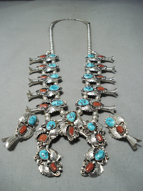 Women's Vintage Native American Navajo Turquoise Coral Sterling Silver Squash Blossom Necklace-Nativo Arts