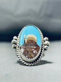 Important Native American Navajo Signed Inlay Turquoise Shell Scene Sterling Silver Ring-Nativo Arts