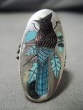 Important Native American Zuni Harland Coonsis Turquoise Sterling Silver Bird Inlay Ring-Nativo Arts