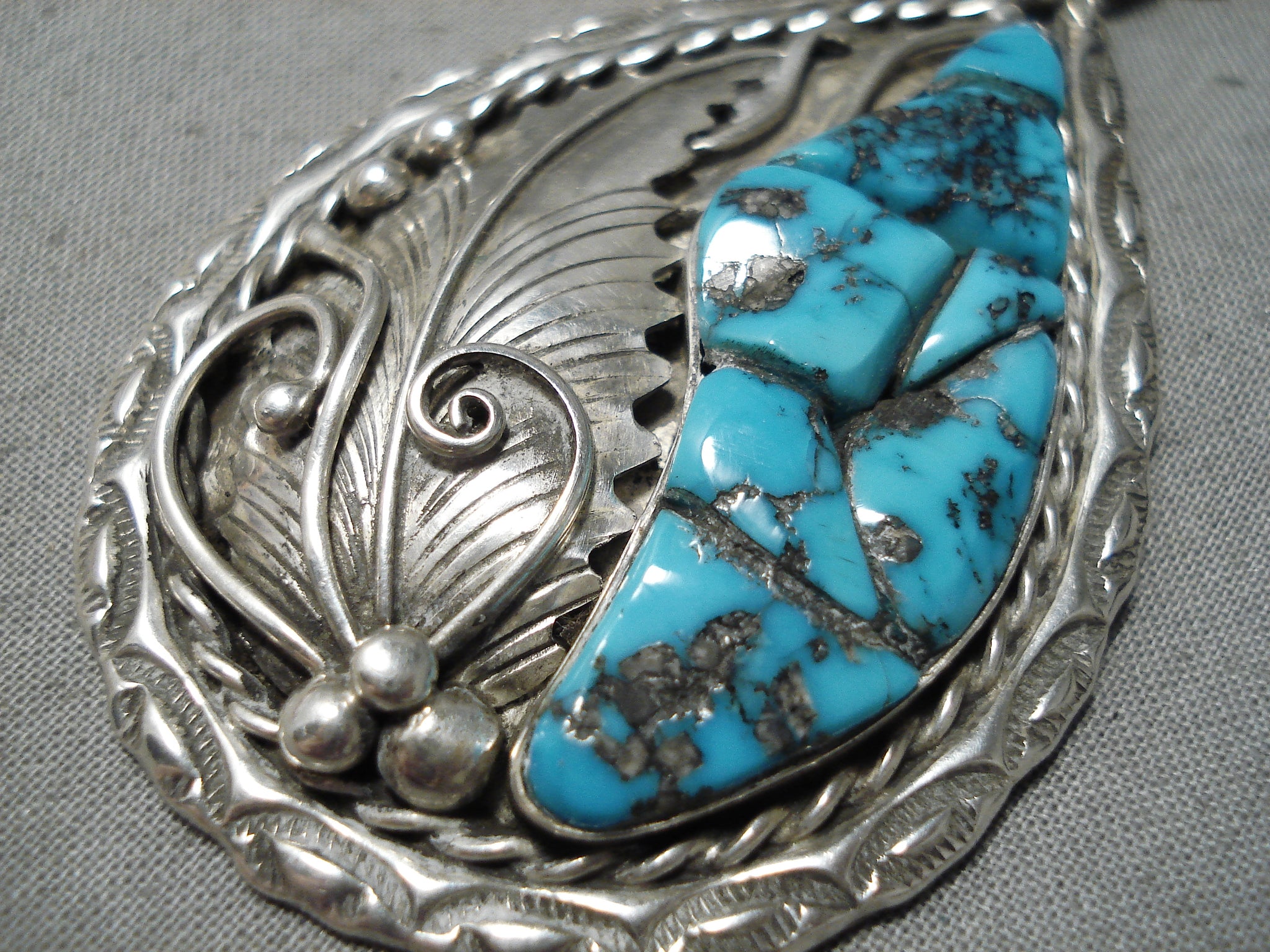 Vintage Navajo authentic Sterling Silver Turquoise Leaf Pendant