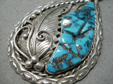 Museum Vintage Native American Navajo Turquoise Inlay Sterling Silver Leaf Necklace-Nativo Arts