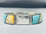 Native American Baroque Vintage Zuni Turquoise Shell Sterling Silver Inlay Bracelet-Nativo Arts