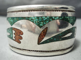 Huge Heavy Hand Tooled Vintage Native American Navajo Green Turquoise Sterling Silver Bracelet-Nativo Arts