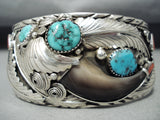 Wide Detailed Bear Native American Navajo Turquoise Coral Sterling Silver Bracelet-Nativo Arts