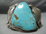 Important Vintage Native American Navajo Rare Turquoise Sterling Silver Leaf Bracelet Old-Nativo Arts