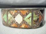Signed Vintage Native American Navajo Lime Green Turquoise Sterling Silver Inlay Bracelet-Nativo Arts