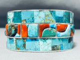 Native American Heavy 130 Gram Navajo Turquoise Coral Sterling Silver Wide Bracelet Cuff-Nativo Arts