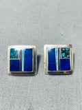 Radiant Vintage Native American Navajo Turquoise Lapis Inlay Sterling Silver Square Earrings-Nativo Arts
