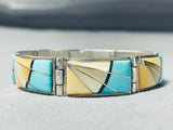 Native American Baroque Vintage Zuni Turquoise Shell Sterling Silver Inlay Bracelet-Nativo Arts