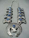 Signed Women's Vintage Native American Navajo Lapis Sterling Silver Squash Blossom Necklace-Nativo Arts