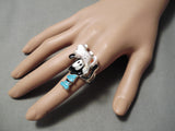 Important Goofy Native American Zuni Turquoise Sterling Silver Coral Ring-Nativo Arts