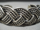 Intricate Hand Woven Vintage Native American Navajo Sterling Silver Rug Bracelet Old-Nativo Arts