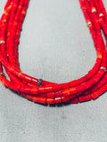 Beautiful Red Coral Native American Navajo Sterling Silver Drum Necklace-Nativo Arts