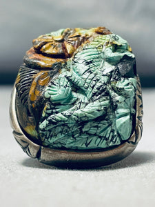 Native American The Most Intricately Hand Carved Lizard Turquoise Sterling Silver Ring-Nativo Arts