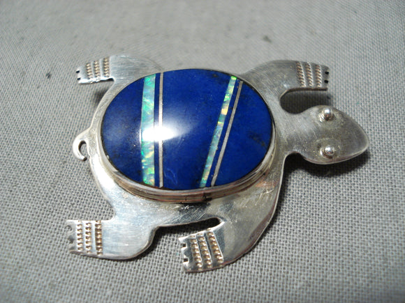 Detailed Vintage Native American Navajo Lapis Opal Sterling Silver Turtle Pin-Nativo Arts