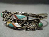 Detailed!! Vintage Native American Navajo Turquoise Inlay Sterling Silver Bracelet Old-Nativo Arts