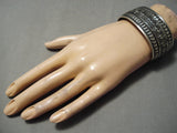 Important Stamp Genius Sterling Silver Wide Native American Navajo Bracelet Cuff-Nativo Arts