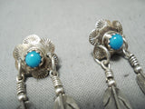 Long Vintage Native American Navajo Turquoise Sterling Silver Feather Earrings-Nativo Arts