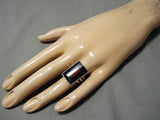 Important Native American Zuni Harlan Coonsis Coral Inlay Sterling Silver Ring-Nativo Arts