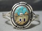 Rare!! Modern Native American Navajo Turquoise Inlay Pueblo Scene Sterling Silver Bracelet-Nativo Arts