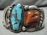 Magnificent Vintage Native American Navajo Turquoise Coral Sterling Silver Half Moon Bracelet-Nativo Arts