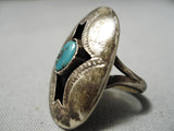 Exceptional Vintage Native American Navajo Turquoise Sterling Silver Shadowbox Ring Old-Nativo Arts