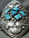 Ted Joe Massive Vintage Native American Navajo Turquoise Sterling Silver Leaf Bracelet-Nativo Arts