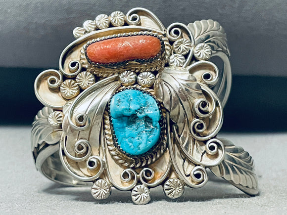 Swirling Forest Vintage Native American Navajo Turquoise Coral Sterling Silver Bracelet-Nativo Arts